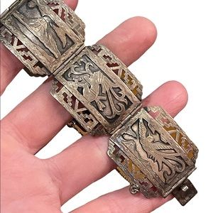 VTG Sterling silver heavy bangle bracelet Aztec Mexico Story book Gods